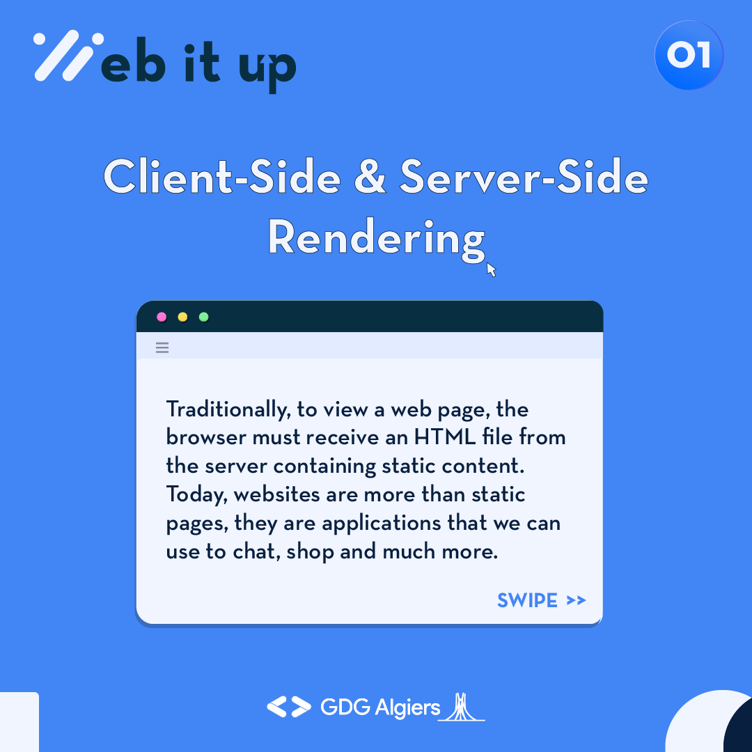 GDG_Algiers's tweet photo. For the first subject of the #webitup series, our team chose to explain the client and server-side rendering🧑💻through this tweet that will answer your curiosities ✨
Keep looking forward to our upcoming content 👀
#GDG #GDGAlgiers #webdevelopment #webdev https://t.co/w7RV0MQ2S6