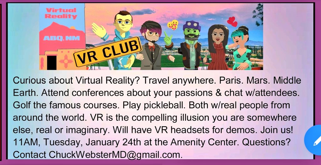 wareFLO's tweet photo. Starting a VR club in our local community. Put this in our newsletter. If you'd like to attend I'll make it happen! #Mirehaven #ABQwestside #Albuquerque #ABQ #NewMexico #VR #VirtualReality #SocialVR #Metaverse Or attend our monthly virtual #SciTechChat #HealthSystemsChat meetup! https://t.co/jn7jF4c8kR