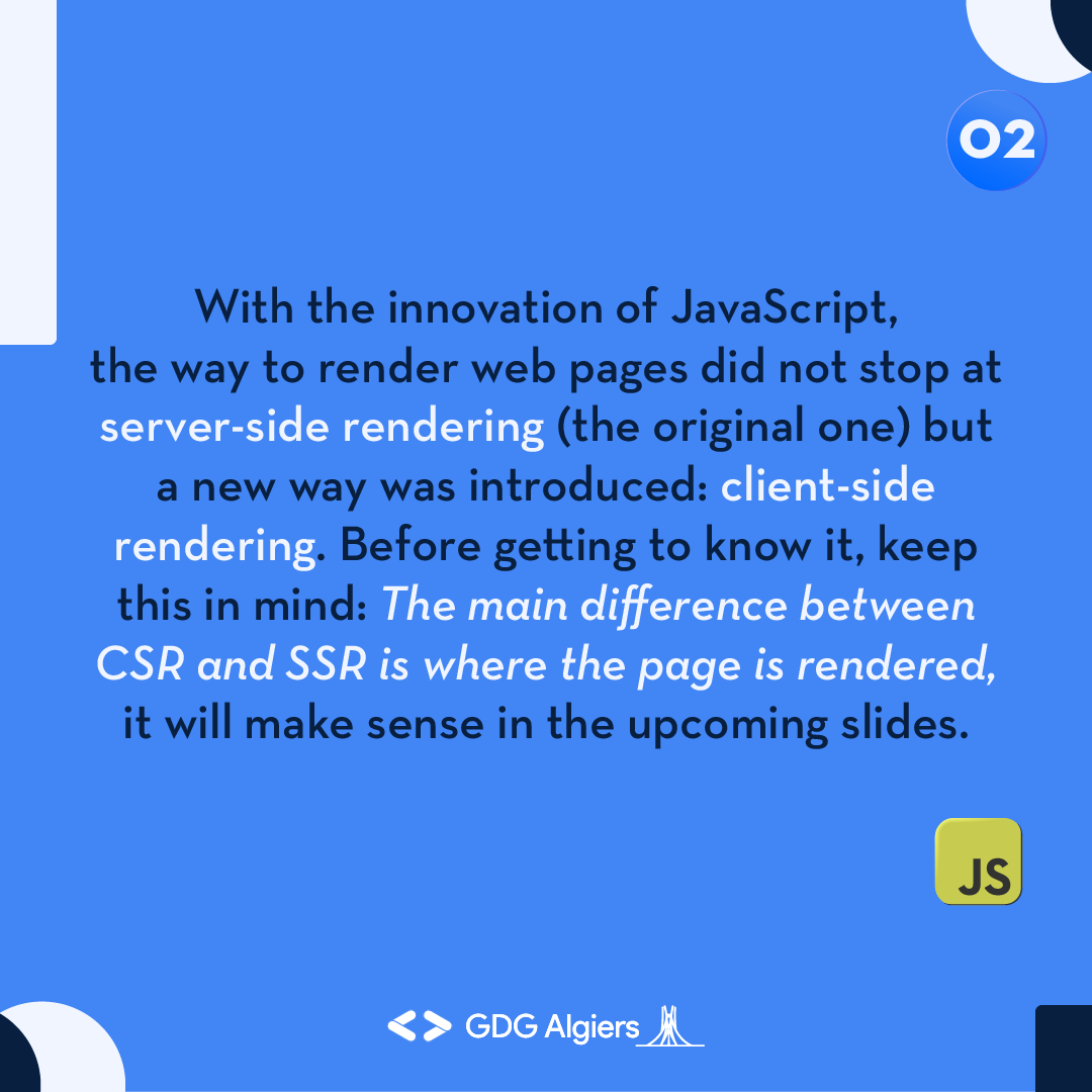 GDG_Algiers's tweet photo. For the first subject of the #webitup series, our team chose to explain the client and server-side rendering🧑💻through this tweet that will answer your curiosities ✨
Keep looking forward to our upcoming content 👀
#GDG #GDGAlgiers #webdevelopment #webdev https://t.co/w7RV0MQ2S6
