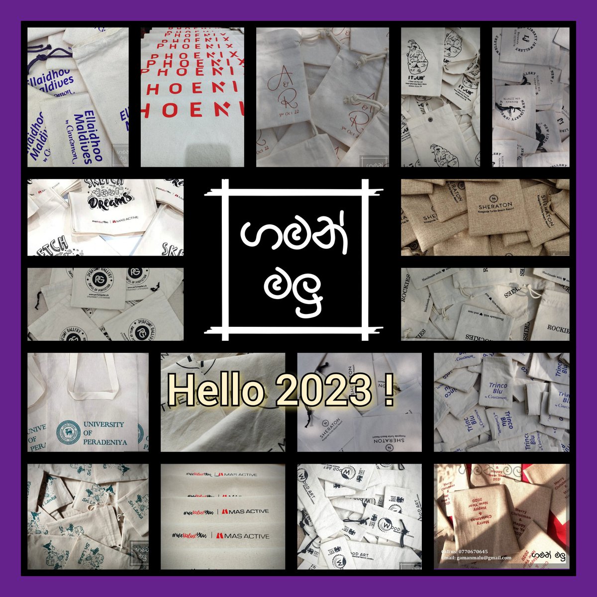 GamanMalu's tweet photo. #welcome2023 #ecofriendly #sustainability #newyear2023 #shoponline #ecobagsrilanka #holdersbags #lesswastemorestyle #thaagimalu #ecofashion #beachbag #drowstringpouch #gamanmalu #grayclothe #madeinsrilanka https://t.co/JE45peBkCz