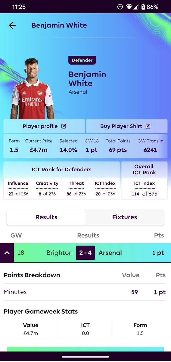 MisterNavinYVR's tweet photo. @OfficialFPL the PL app has Ben White subbed off at 60' but FPL has him having played 59, and therefore no additional point for MP and no clean sheet. Why the inconsistency? https://t.co/HQiNyfcsjd