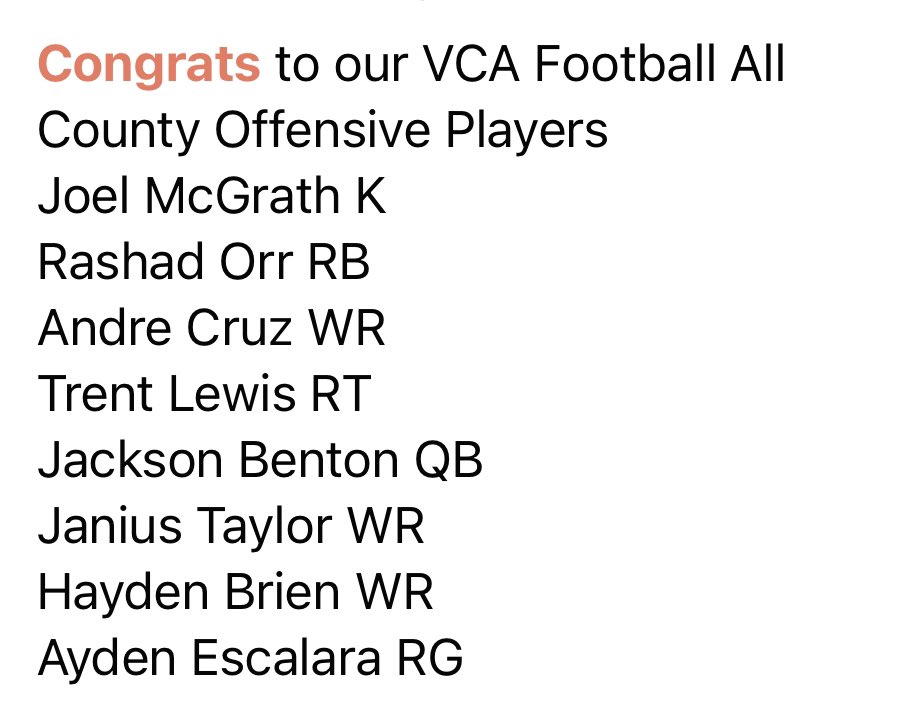 CoachRBlevins's tweet photo. Great job and congrats to all@of these players for being all county @VCAStormFB https://t.co/kbPZPvyesa