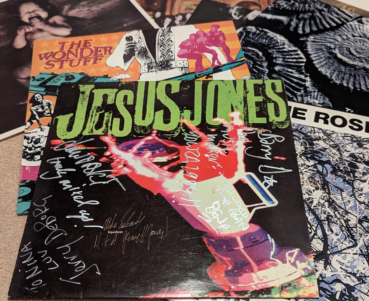 Mumma_Pea's tweet photo. Excited that my mum had kept my vinyl collection and has bought my teenager a turntable for Christmas. Loving this signed @jesusjonesband Liquidizer. 1989. Bristol Our Price. I think I remember bunking off school for this! https://t.co/1fCbiwiCxI