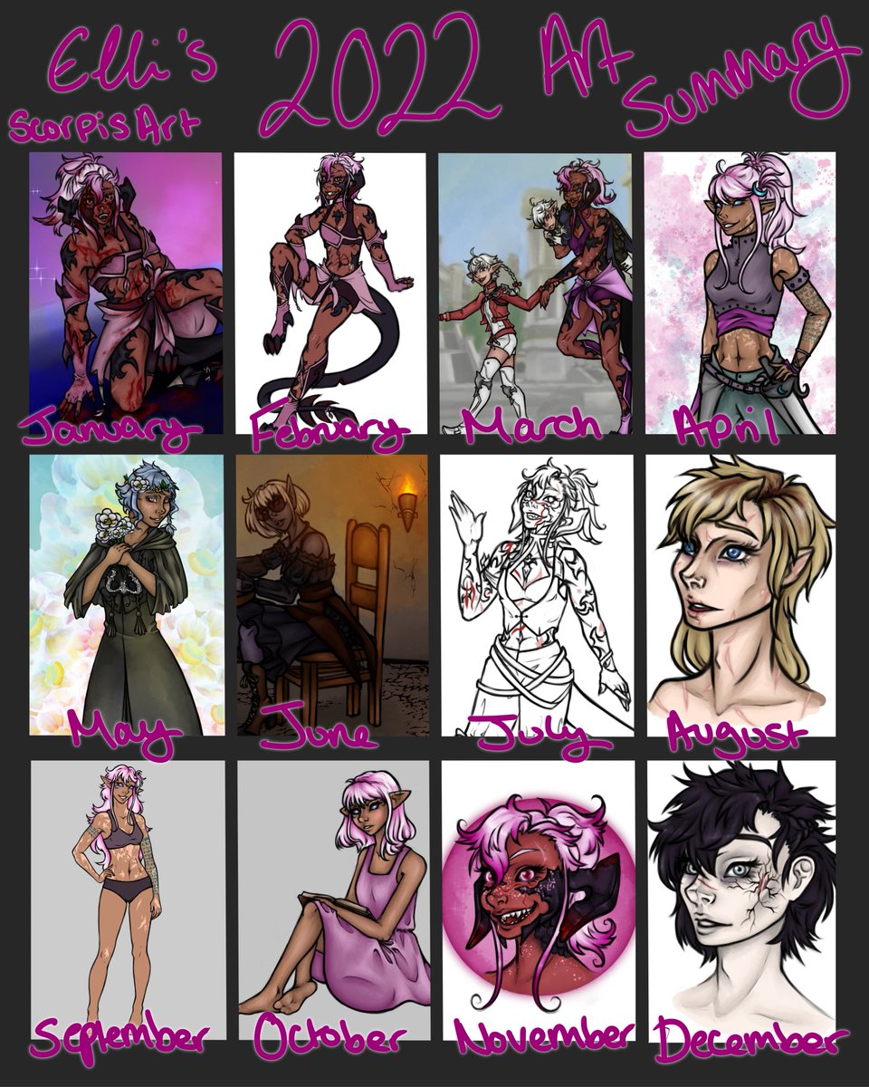 ScorpisArt's tweet photo. Happy new year everyone here's my 2022 art summary 

I didn't post half of these but enjoy! ❤️ https://t.co/ckJg3IUXgS