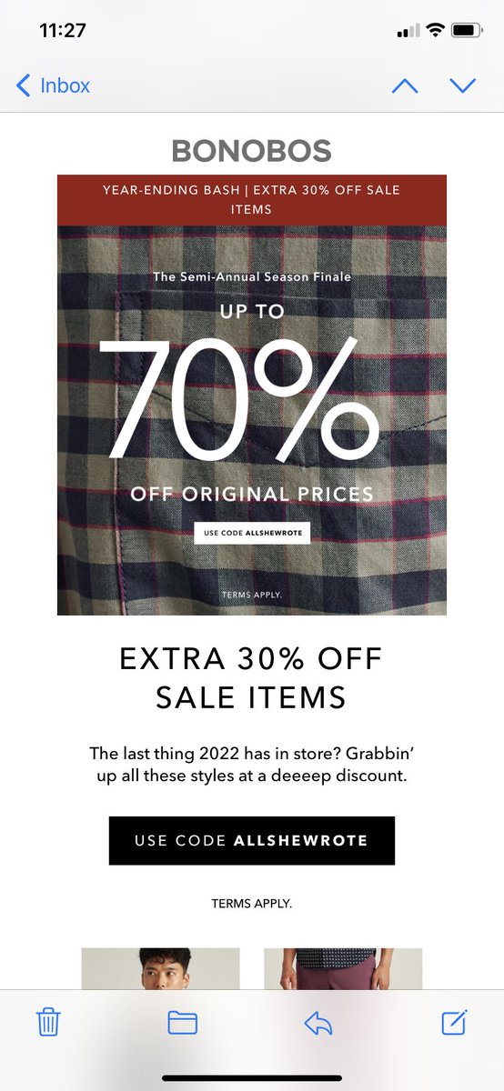 colemonkee's tweet photo. @Bonobos really tacky - and possibly illegal - to feature a shirt that is NOT on sale as the hero shot for your sale email. This is coming from a marketer. Really piss poor job on your part and you should honor the deepest sale discount - 70% - on this item as a make-good. https://t.co/2pYySYNfJg