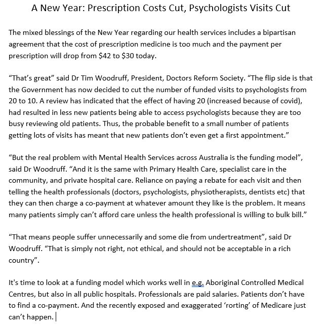 Health Reform 2023, cheaper prescriptions but still a co-payment which we know stops people filling scripts to prevent/treat illness. Lives lost. 
Less psychol visits but fee for service the villain. <a href="/drsreform/">Doctors Reform Society</a> <a href="/AusHealthReform/">AHCRA</a> <a href="/MelissaSweetDr/">Melissa Sweet</a> <a href="/SenatorJordon/">Senator Jordon Steele-John</a>