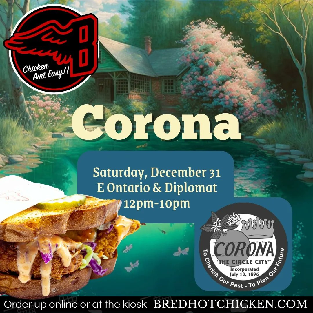 BredHotChicken's tweet photo. It's a celebration all day with #BredHotChicken 

Get your Cravings on in the City of Corona. 
🤗🤗🥳

Saturday December 31st, 'till 10pm
E Ontario &amp; Diplomat, Corona https://t.co/dPnB8m1Y6X