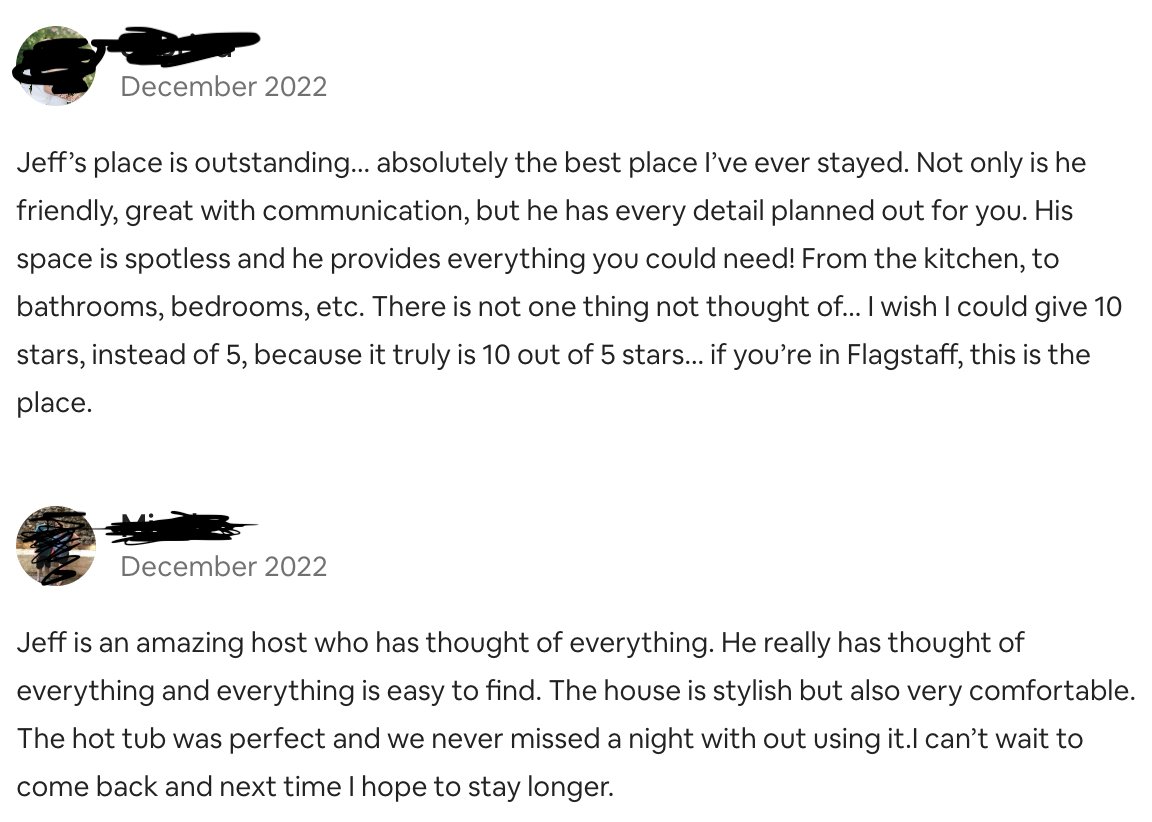 Jmrothenberg's tweet photo. December Flagstaff STR Results:
-100% occupancy
-$11,520 in revenue
-$3,689 in cashflow
-Higher costs than normal drove down cashflow (bonuses to cleaners, snow plow work, etc.)
-64 reviews at 5 stars with many happy guests!
-Overall a really fantastic month that I'm proud of! https://t.co/KBv24seI0Y