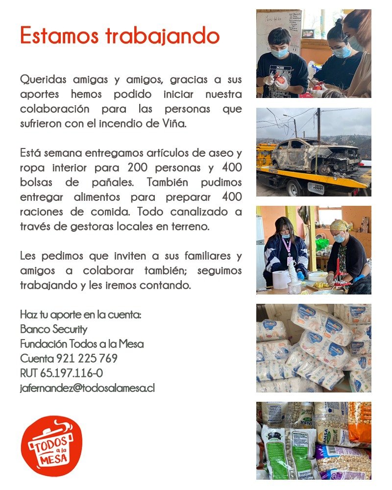 catafernandezc's tweet photo. Por si alguien quiere/puede ayudar a los damnificados del incendio de Viña, acá hay una buena iniciativa de @f_todosalamesa. https://t.co/0zvrdwCR8l