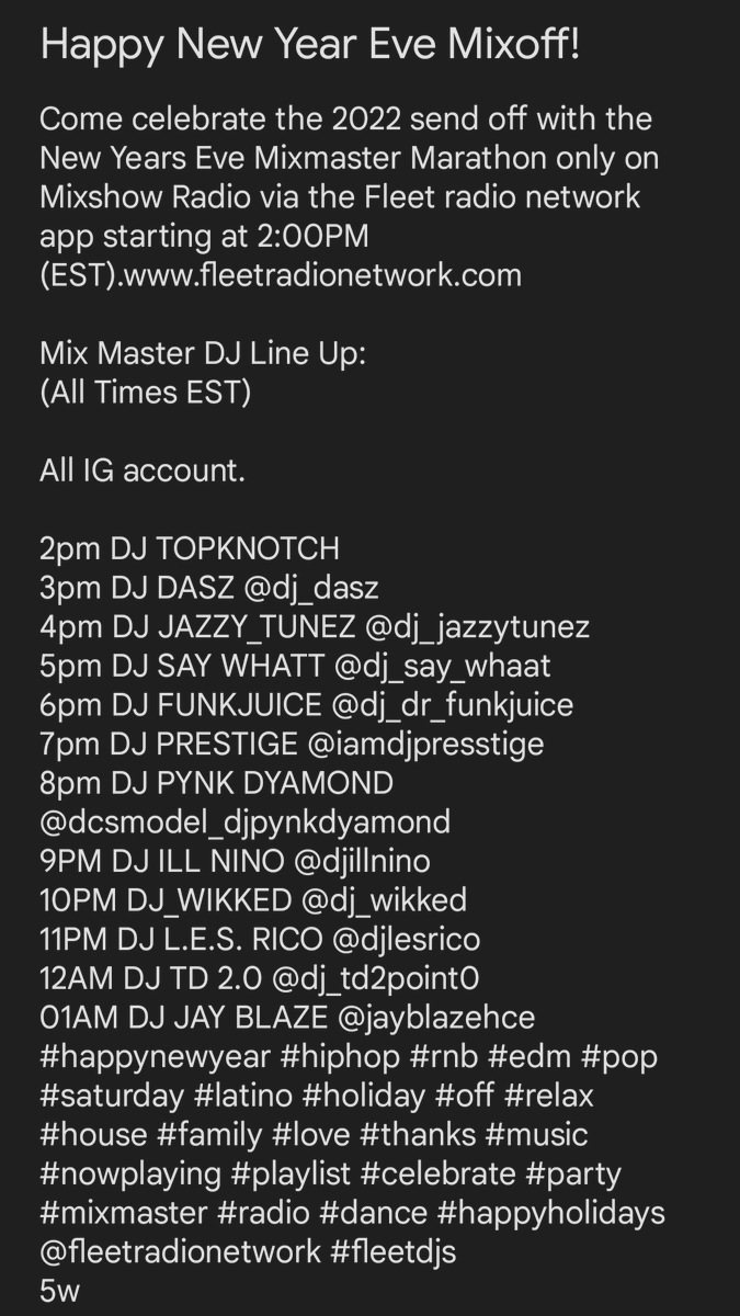 DJ_DR_FUNKJUICE's tweet photo. Don't miss out #Mixoff on #Fleetradionetwork channel @mixshowradio04 
https://t.co/hQbuj3xCCe
@FLEETDJS https://t.co/3srvd4YIu2

The DJ Line Up on the flyer.

#Funkup #Salute #Fleetdjs #Mixshowradio #HappyNewYear2023 #HappyNewYear #HappyNewYearEve #Party #Music #OnlineRadio https://t.co/jvcidNYf1R
