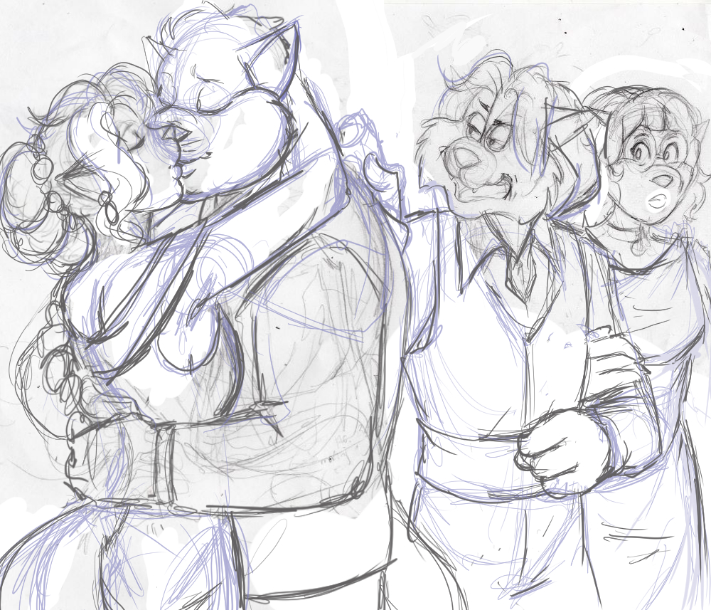 MadameFluffy's tweet photo. Rough sketch: Fuzzy looking out for his sister's dignity by reminding her suitor to mind where his hands wander.
SK:TRS was created by the Tremblay Bros for Hanna Barbera Cartoons Inc. Fanart by yours truly.
#SWAT_Kats #fanart #OCShip #noncanon #Chance_Furlong #Fuzzy #Claudine https://t.co/c4GAfzgFe9