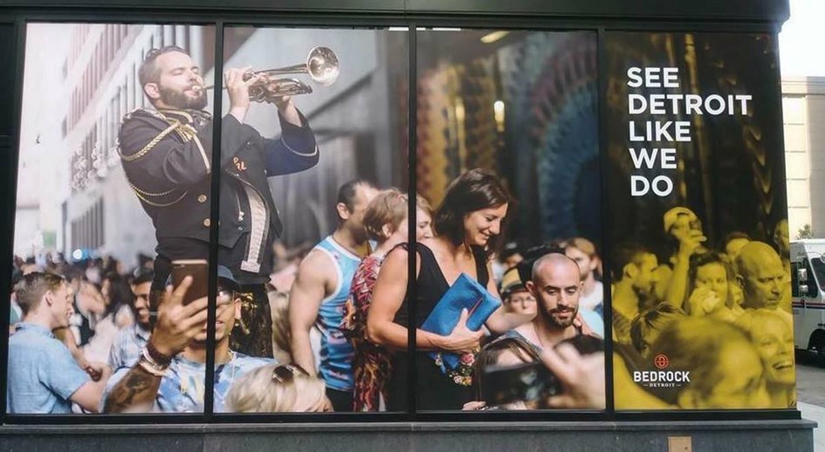 kateontransport's tweet photo. @streetsblogkea covered related research w @annaliviabrand @EmilyHaHa re: econ dvpt priorities that center white imaginaries/streetcars (w/o speed benefits) &amp; fuel gentrification https://t.co/VDTRq6VDfs Billboard of how @BedrockDetroit (streetcar backer) envisions Detroit https://t.co/20Q5blVgA6