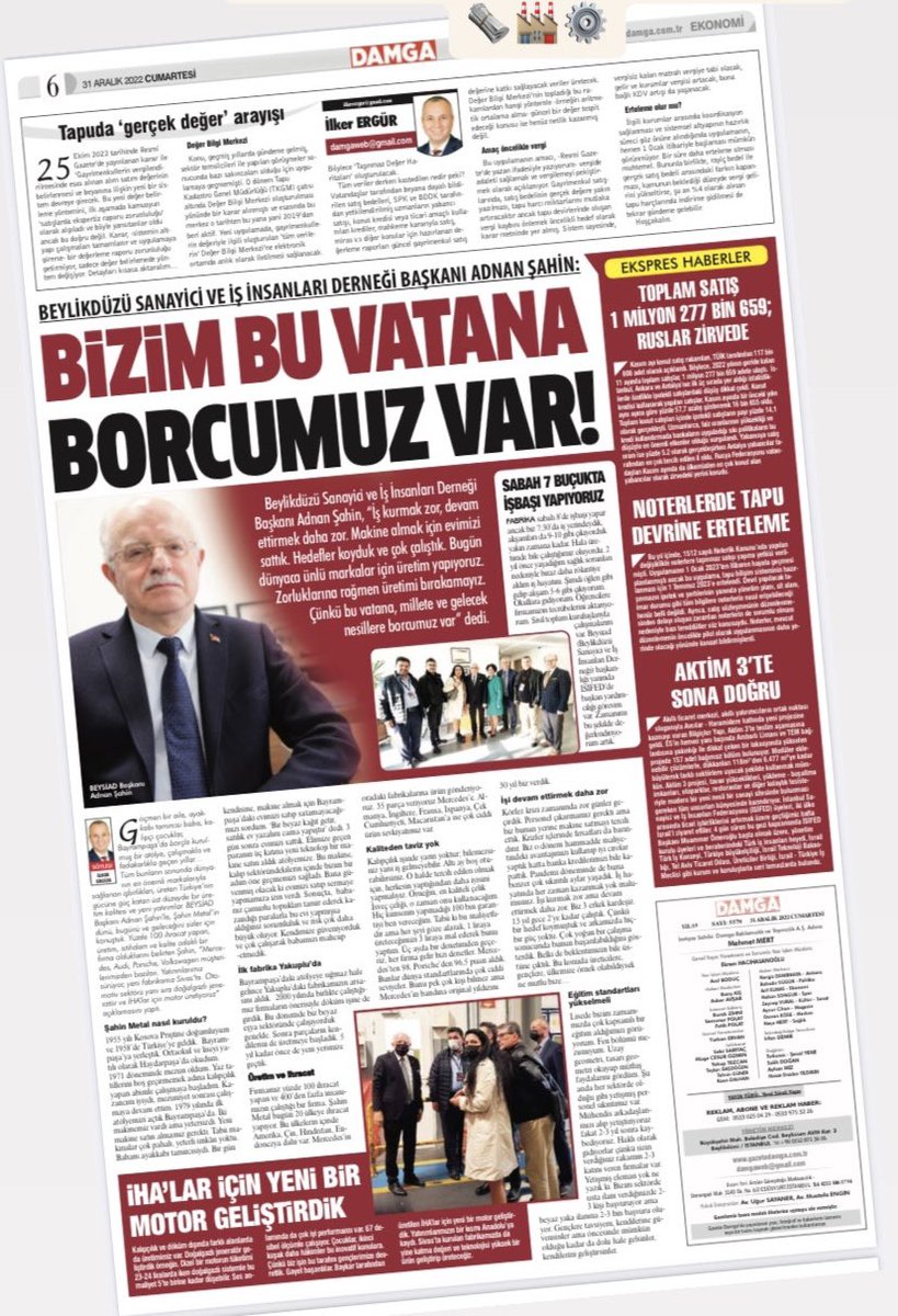 Beylikdüzü Sanayici ve İş İnsanları Derneği Başkanı, dünyaca ünlü markalar için yüksek kalitede üretim yapan Şahin Metal Yönetim Kurulu Başkanı Sn. Adnan Şahin’le röportajımız: lk.tc/OeDcX

#sanayi #endüstri #üretim #ihracat