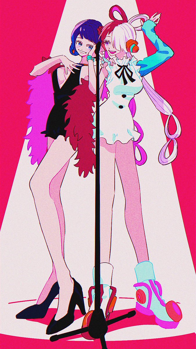 multiple girls 2girls dress microphone stand hair rings long hair split-color hair  illustration images