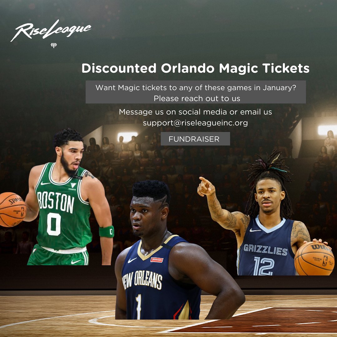 Bring in the New Year in a major way 🎊 Rise League We’re now offering discounted Orlando Magic tickets against 3 of the best teams in the NBA this season! Click the link below to lock in your seats before it’s too late! Happy New Years 🎆🎉 Part 1/2
<a href="/jaytatum0/">Jayson Tatum</a>  
<a href="/Zionwilliamson/">Zion Williamson</a>