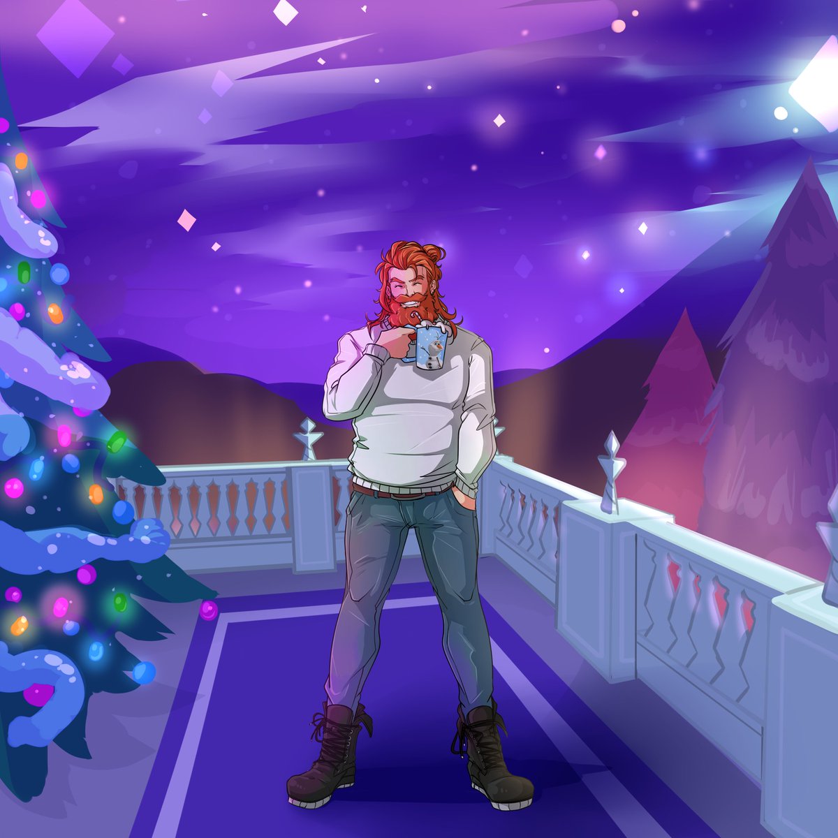 MerryRiftmas's tweet photo. "I'm not too late to see the fireworks, am I?" says a chuckling Olaf. Looks like he got caught up in the heated debate on hot chocolate, but now he is here with a cup to share with us!  

🎨 @Rolochan105 https://t.co/d1JbKB8OuX