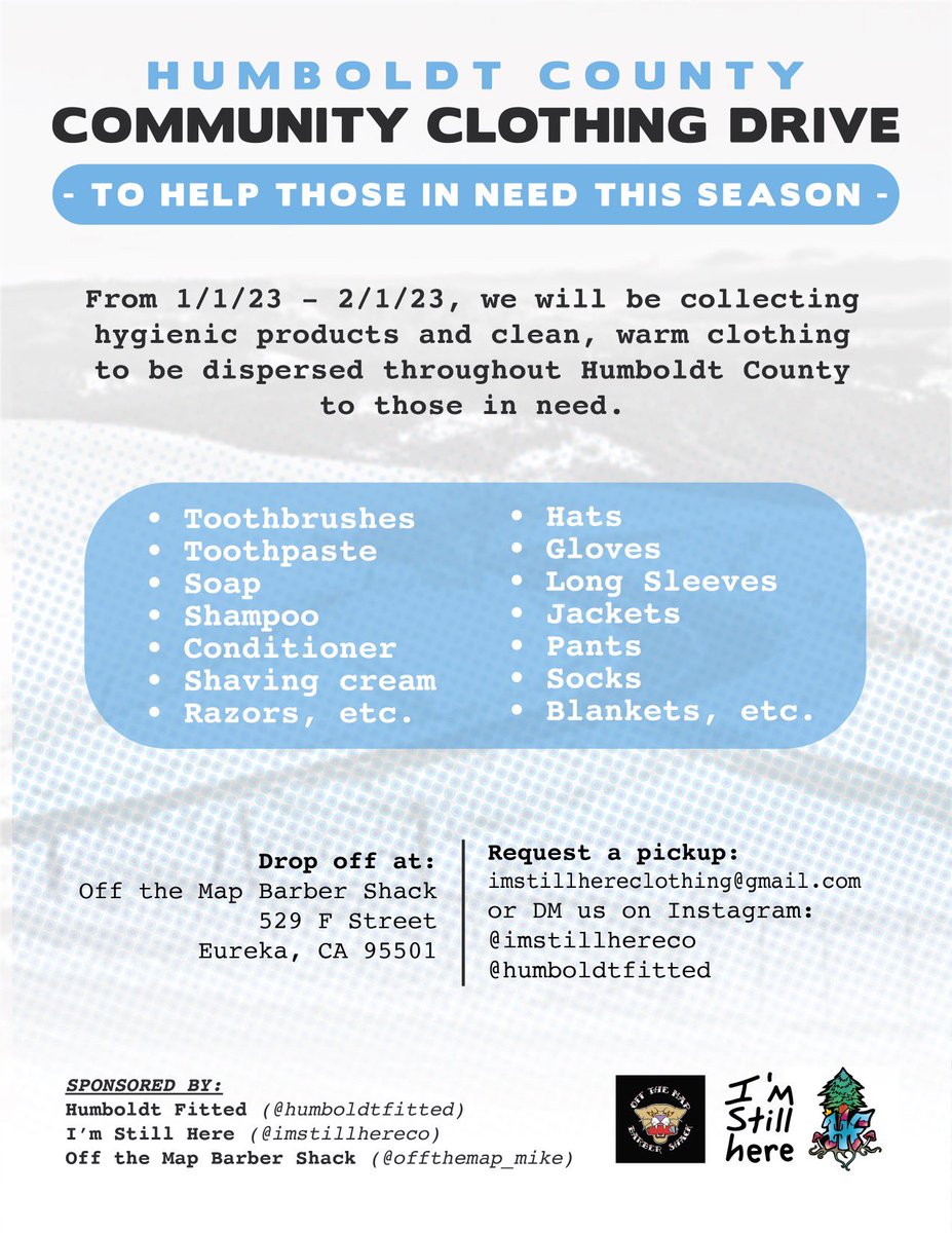 imstillhereco's tweet photo. Calling on Humboldt County! Gather the extra clothes taking up space in your closet and donate them to those in need this season, any little bit helps! #HumboldtCounty #ImStillHere https://t.co/3yGJBFpZ31