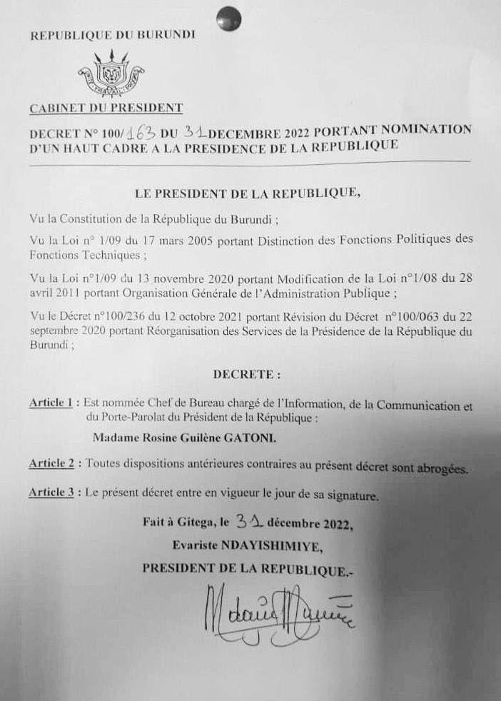 Le <a href="/cnjbdi/">Conseil National de la Jeunesse Burundaise</a> se réjouit de la nomination de sa secrétaire <a href="/Gatoni_RG/">GATONI Rosine Guilene</a> au poste de « Chef de Bureau chargé de l’Information, Communication et Porte –Parolat du Président de la République ». Nous lui souhaitons plein succès, courage et bonne continuation dans ses nouvelles fonctions.