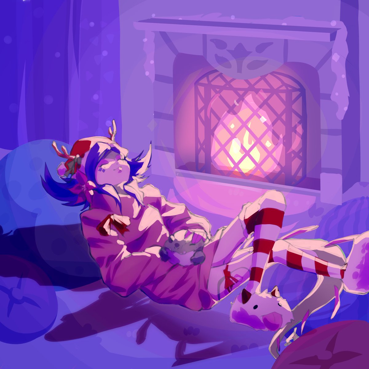 MerryRiftmas's tweet photo. After a hard evening of partying, it looks like Neeko has settled in for a well deserved nap by the fireplace!

🎨 @Star0_0Melody https://t.co/2EmNB0oQmS