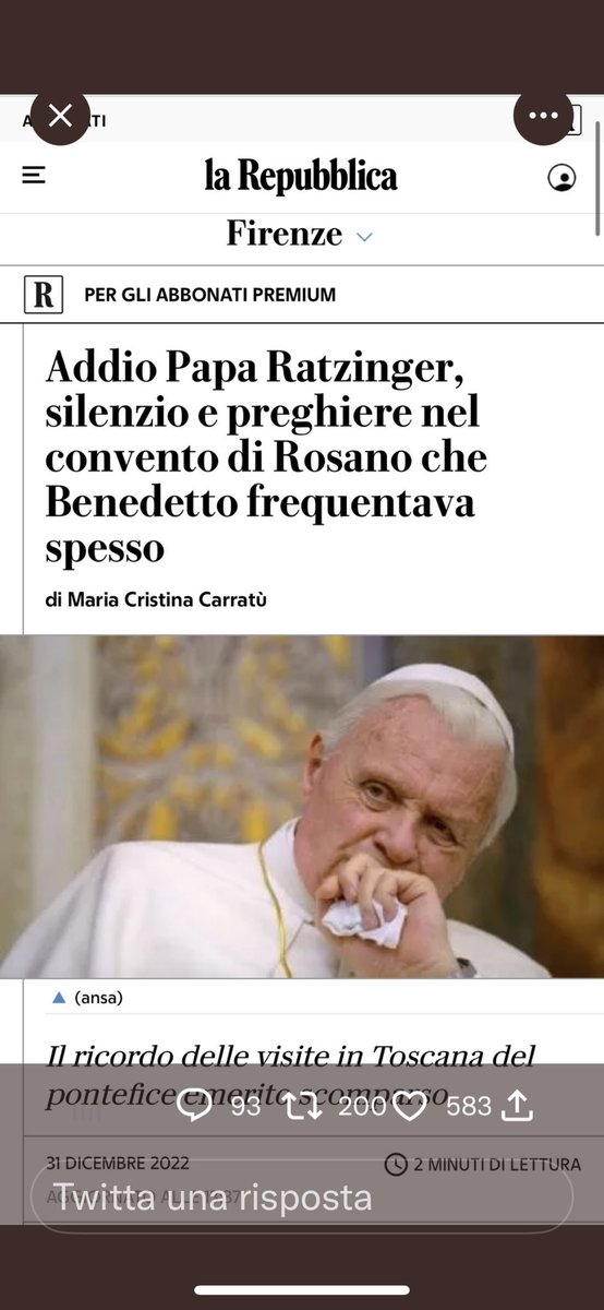LGConcolino's tweet photo. #Buon2023 a @repubblica . Gli unici giornalai a mettere la foto di #AnthonyHopkins per lanciare la notizia della scomparsa di #PapaBenedettoXVI https://t.co/tjBxnkz6G6