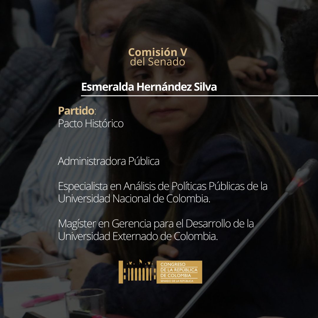 SenadoComisionV's tweet photo. Estamos cerca de presentar a todas y todos los Senadores que integran nuestra Comisión V 🌳🍃. Esta vez, el turno es para @EsmeHernandezSi  del partido @PactoCol https://t.co/t87tXV8Grc