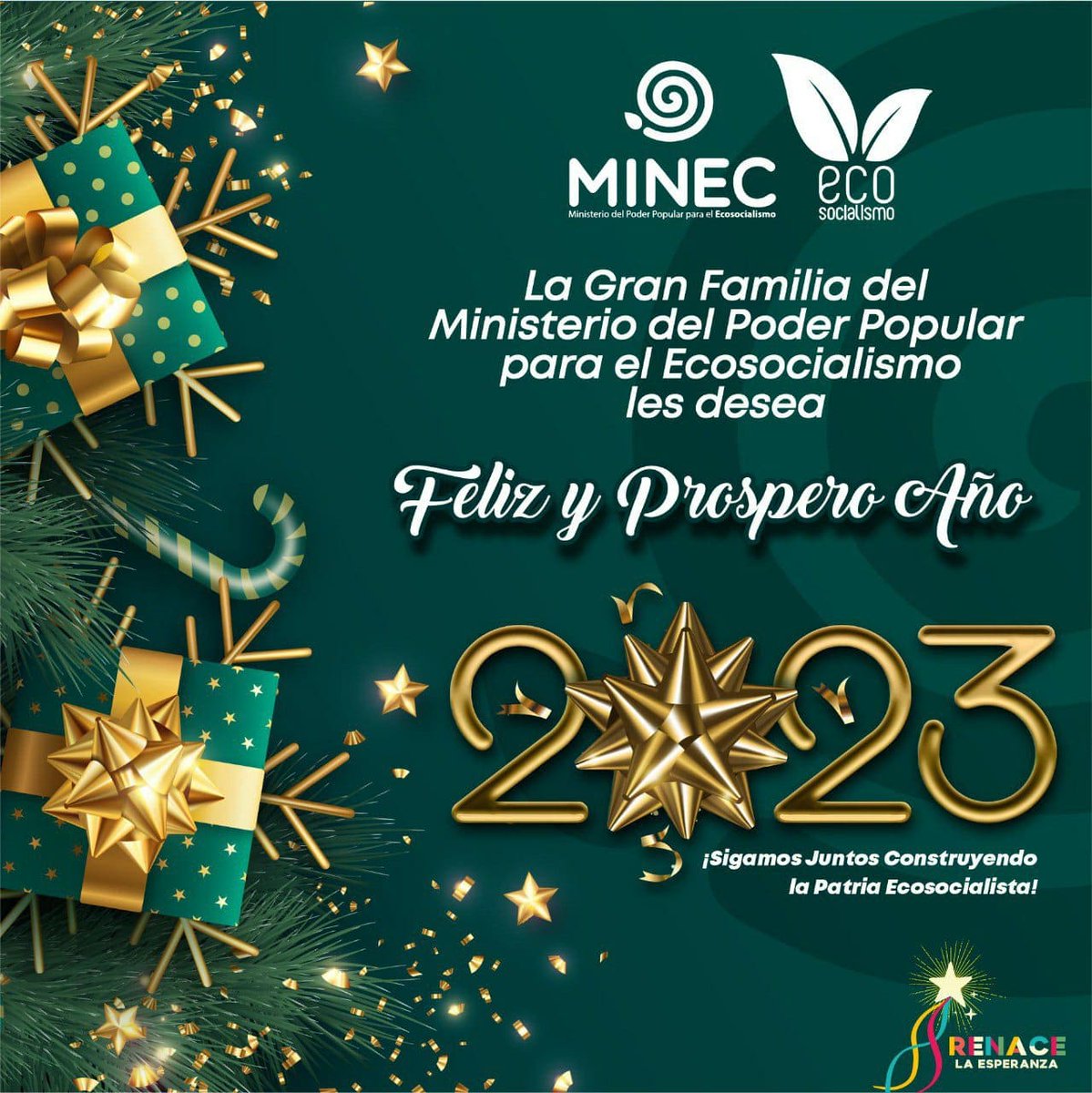 El Ministerio del Poder Popular para el Ecosocialismo. Les desea un año venturoso 2023, que traiga consigo reconciliación, amor y mucha prosperidad.

¡Feliz año nuevo! 

#VenezuelaFeliz2023