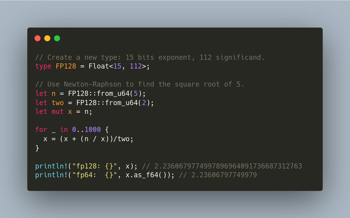 My winter-break project was an arbitrary precision floating-point library. It can be used to emulate fp ops in software with high precision or specific sizes, such as FP128 or FP16. crates.io/crates/arpfloat