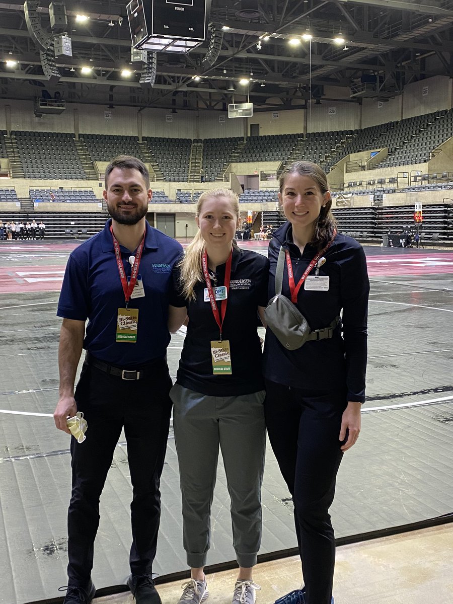 RyanSwetkovich's tweet photo. Gundersen Medical Foundation Sports PT residents @JennaRob22 and @hannahwherry95 along with visiting Sanford Health/USD Sports PT resident Connor Skoumal, covering BiState wrestling in La Crosse, WI.  Thanks for caring for our youth athletes!!#MedEd #choosePT @GundersenMedEd https://t.co/rksF1PVUdN