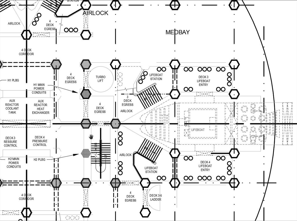 Bardsrok's tweet photo. DECK E- LIFEBOATS, MESS, CREW SERVICES, REC/TRAINING, APR
Of course a ship this size has an auxiliary power reactor (APR) and redundant hemisphere life support in case of critical system damage. Available pressure-suits are circles in the lifeboat lobby.
#CE116 #WIP
#battletech https://t.co/OQXIcvY5Fr