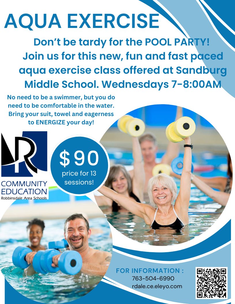 RASCommunityEd's tweet image. Start off your New Year with a splash! 
 Join us and energize your day with Aqua Exercise Wednesdays 7-8AM! 

Register at rdale.ce.eleyo.com (adult enrichment)