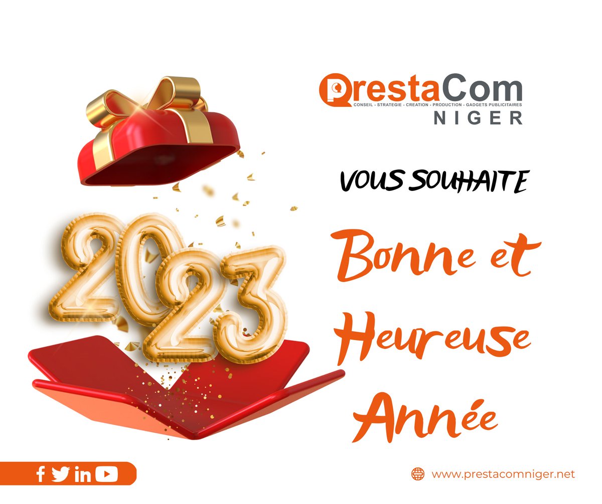 Toute l’équipe de Prestacom, vous souhaite une nouvelle année remplie de réussite, avec une excellente santé et de beaux projets.
Merci pour votre confiance et votre fidélité tout au long de l'année 2022.
Bonne année 2023 à tous!
#Prestacom #PrestacomNiger #TT227 #CroireEtAvancer