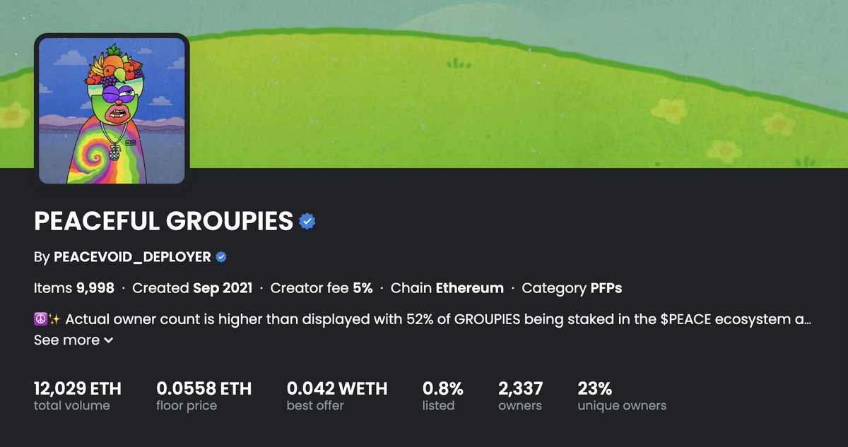 groupies are the og psychedelic project, minted in 2021.

only 84 out of 10k are listed right now.
most are staked.

if you want to join a real artistic community, vibe high, share peace and collect colorful art with friends, it might be your place:
opensea.io/collection/pea…
