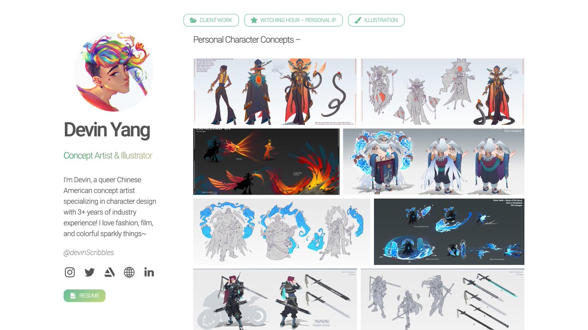Polished up and tuned my new portfolio site a bit ~ time to unsub from ArtStation Pro 😳💥

devinscribbles.com