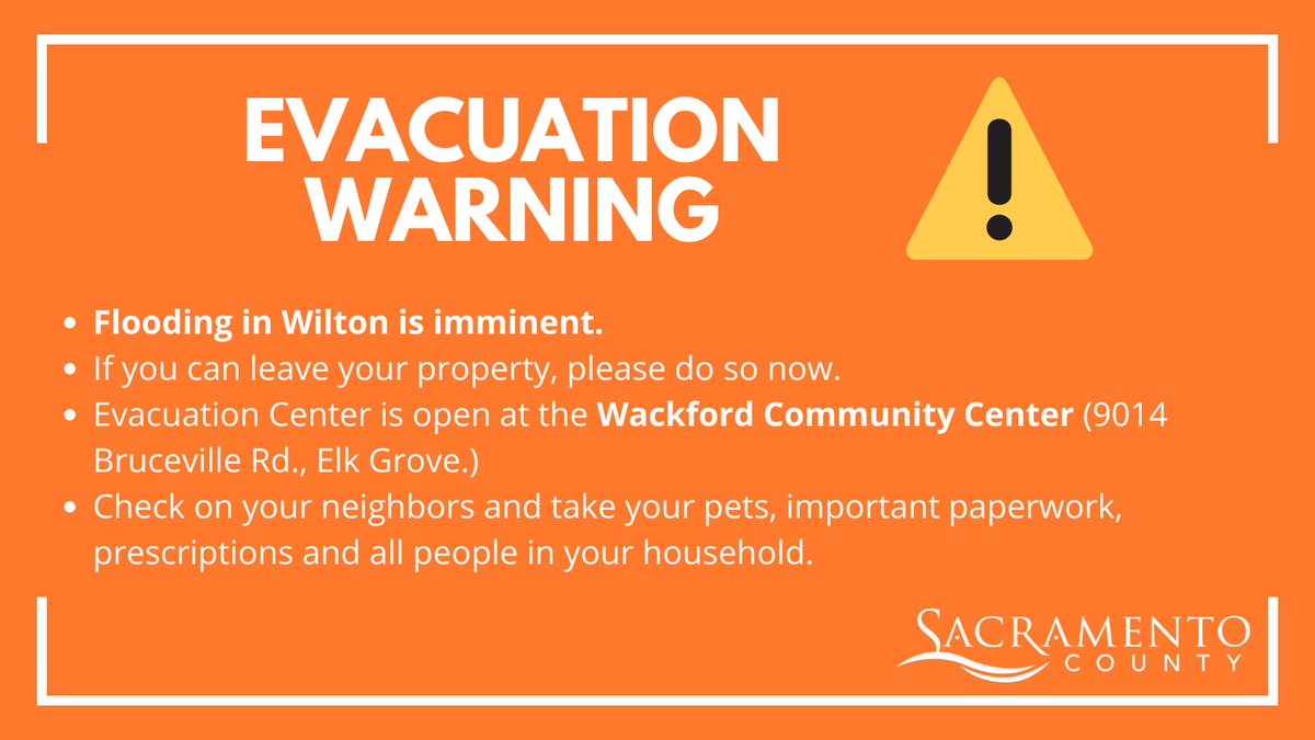 SacCountyCA's tweet photo. .@SacramentoOES  is warning residents living in Wilton to leave the area now. Rising water may spill over onto the nearest roadways and cut off access to leave the area.

An evacuation center has been identified as Wackford Community Center, 9014 Bruceville Rd., Elk Grove. https://t.co/IsABYZqSOR