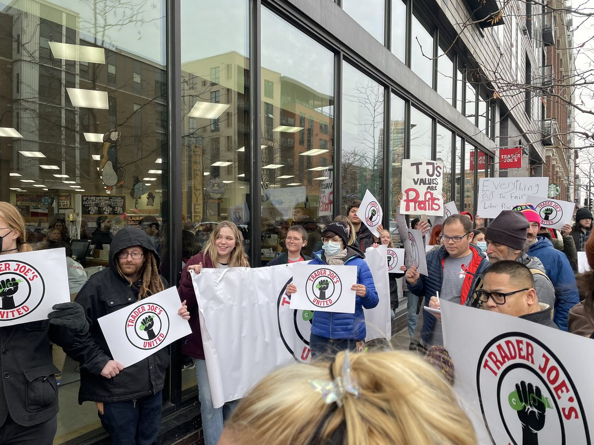 MadelinePawlak's tweet photo. NOW: @TraderJoesUnite members are walking off the job in protest of unfair labor practices by Trader Joe’s.

Corporate staff at the dwtn mpls TJs are cutting staff hours, jeopardizing benefits, and still refuse to negotiate in good faith with union members. https://t.co/VQbeMes48B