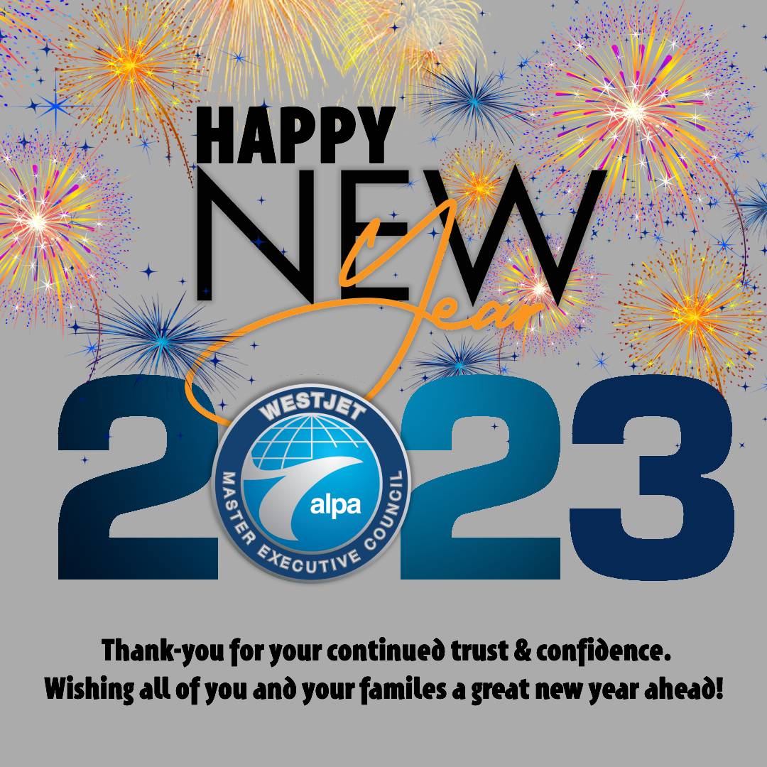 WestJetALPA's tweet photo. We know it has been a challenging year for our #westjetpilots. We thank you for your trust and confidence. There is a lot of work ahead of us in 2023 and we look forward to representing the collective voice of our WestJet &amp; Swoop Pilots.  

Wishing all of you a Happy New Year! https://t.co/MOZuqG1b8e