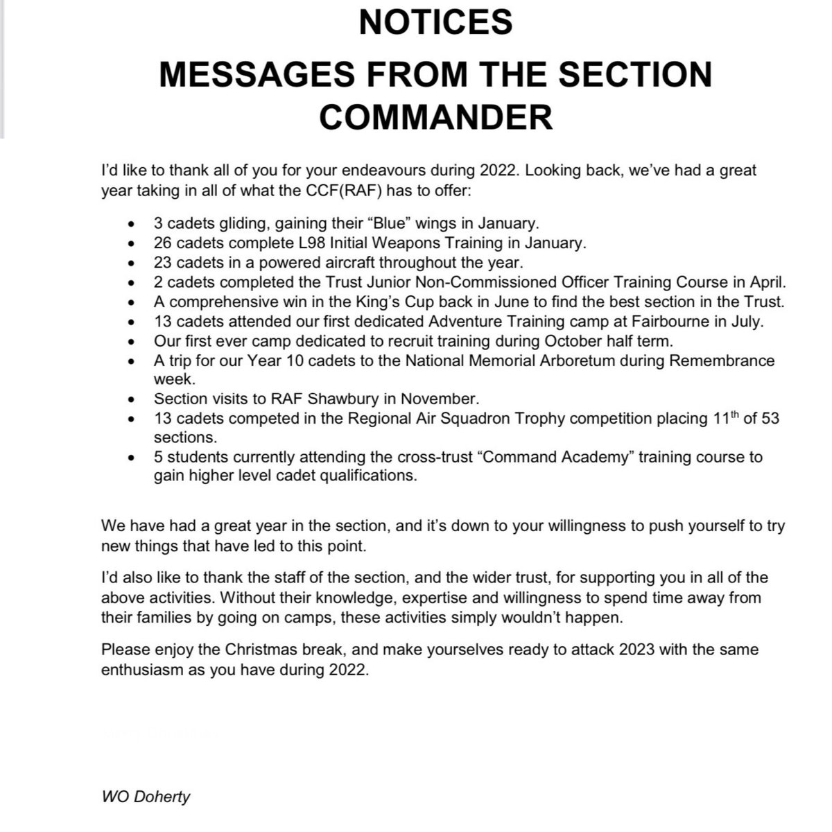 A recent notice to my cadets summarising our main highlights from 2022. Each young person in the CCF at @KingsWoolston and wider <a href="/gstccf/">Great Schools Trust CCF's</a> can be proud of all they have achieved this year and hopefully go on to greater things in 2023! #credimus #whatwedo <a href="/CCFcadets/">Combined Cadet Force</a> <a href="/aircadets/">RAF Air Cadets</a>