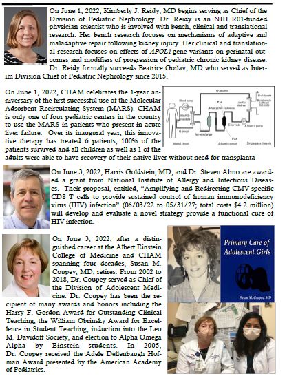 MontefiorePeds's tweet photo. In the first wk of June 2022, @KimReidy2 starts as the new Chief of #PedsNephrology, a #MARS anniversary, Dr. Goldstein &amp; Dr Almo receive a new @NIH grant &amp; Dr Susan Coupey, former #CHAM #AdolescentMed Div Director retires. @GCHPedsChair https://t.co/seJml8WhkM