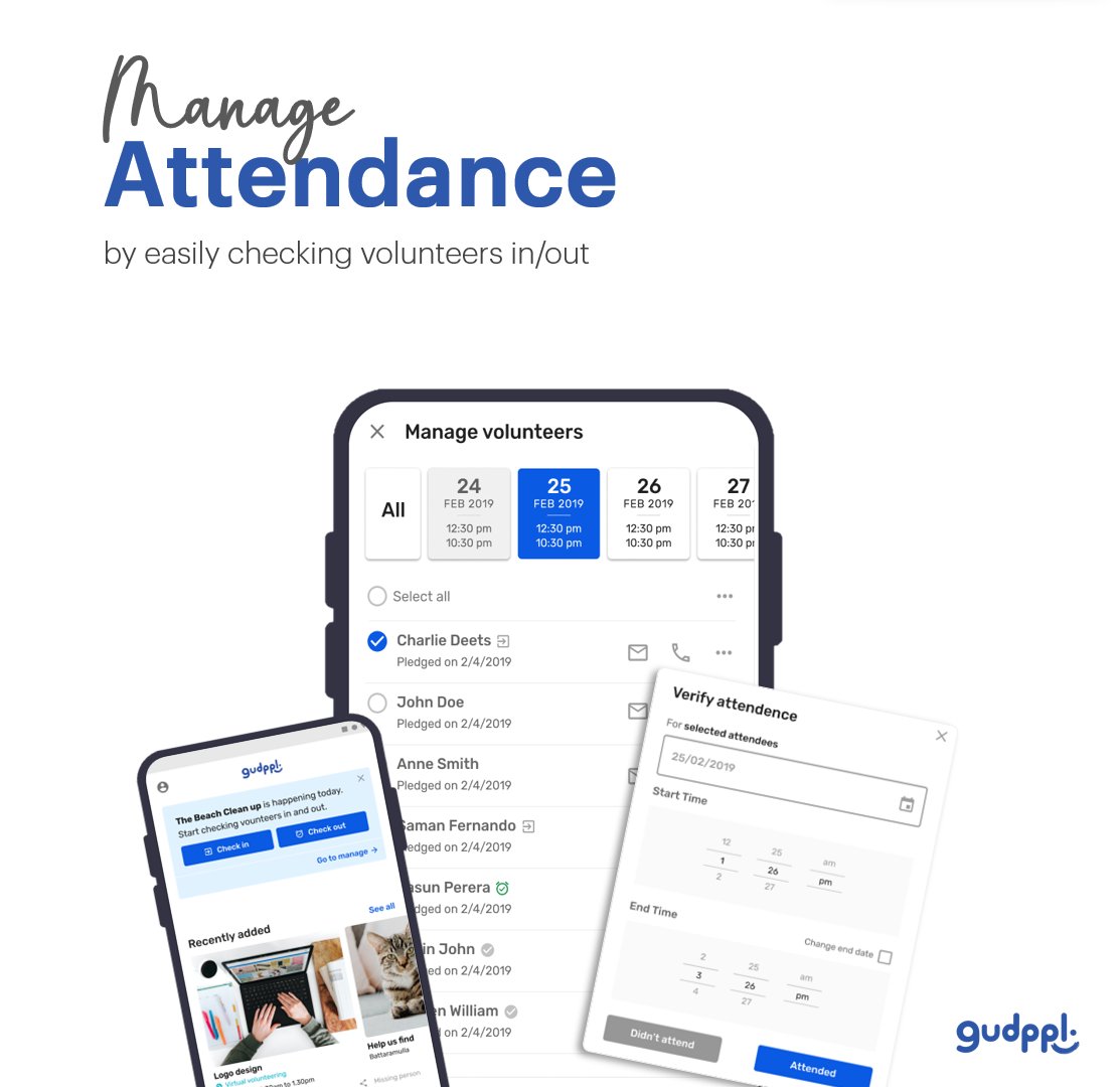 Whether it's managing attendance for hundreds of volunteers over multiple days or a few volunteers for virtual volunteering activities... we've got you covered!

#nonprofit #volunteer #charity #gudppl