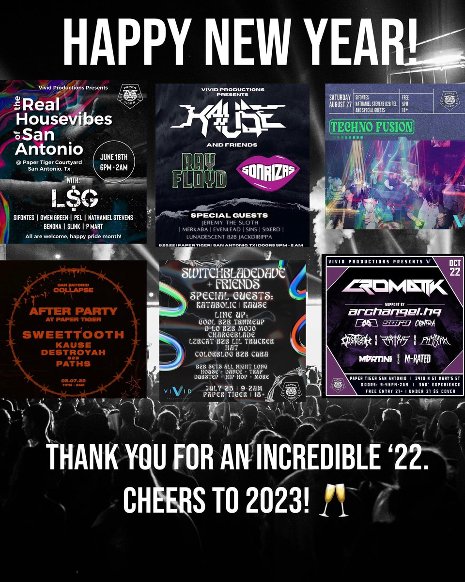 What an INCREDIBLE year 2022 was. Thank you guys for all the late nights, good times, and memories! 🥂🍾

Massive thank you to <a href="/papertigersa/">Paper Tiger</a> for hosting us this year, and to everyone that made VIVID 2022 possible @VeridianMGMT @MarkMyWxrdsTX <a href="/PRIMENIGHTCULT/">PRIME</a> .