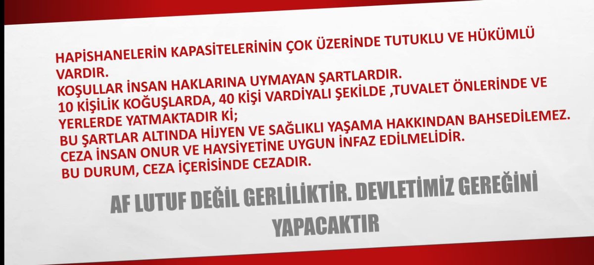 <a href="/fahrettinaltun/">Fahrettin Altun</a> <a href="/RTErdogan/">Recep Tayyip Erdoğan</a> AF İSTİYORUZ
Adil OlunArtık AF İSTİYORUZ
❗️Şu an cezaevlerinde umutla bekleyen
❗️Yüzlerce binlerce mahkum var
❗️Umutlarını ellerinden almayın
❗️Umut kapılarını kapatmayın
❗️Islah oldular,onları hayata bağlayın hayattan koparmayın <a href="/RTErdogan/">Recep Tayyip Erdoğan</a> <a href="/dbdevletbahceli/">Devlet Bahçeli</a> <a href="/bybekirbozdag/">Bekir  Bozdağ</a>