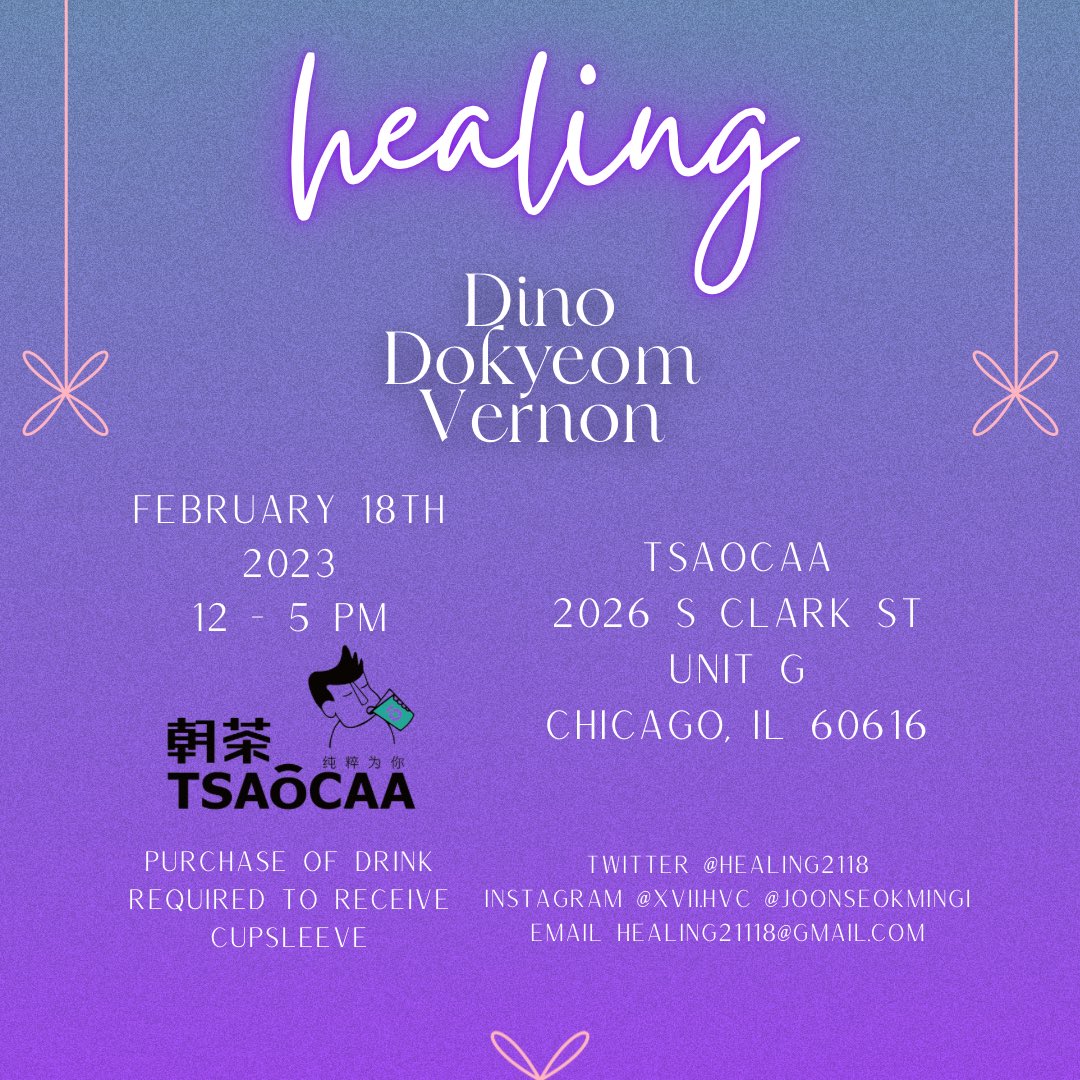 HEALING2118's tweet photo. HEALING - a birthday event for seventeen’s dino, dokyeom, and vernon 
2.18.23 at tsaocaa in chicago
tier details below! link to purchase tier benefits: https://t.co/F6Y9f4wKJH https://t.co/fWh5PfbDz7