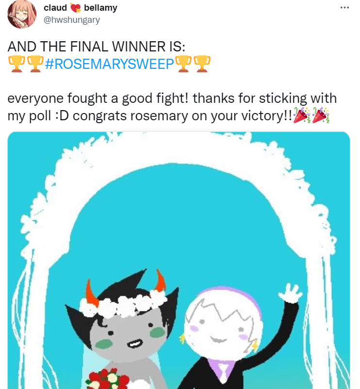 HSCREATORS's tweet photo. #ROSEMARYSWEEPโจ๐๐
Rosemary won for the best wlw ship on a large twitter poll tournament! It was a fun competition, and only time will tell if we are rewarded for the intimidating dedication... https://t.co/jJV2hgO4BW