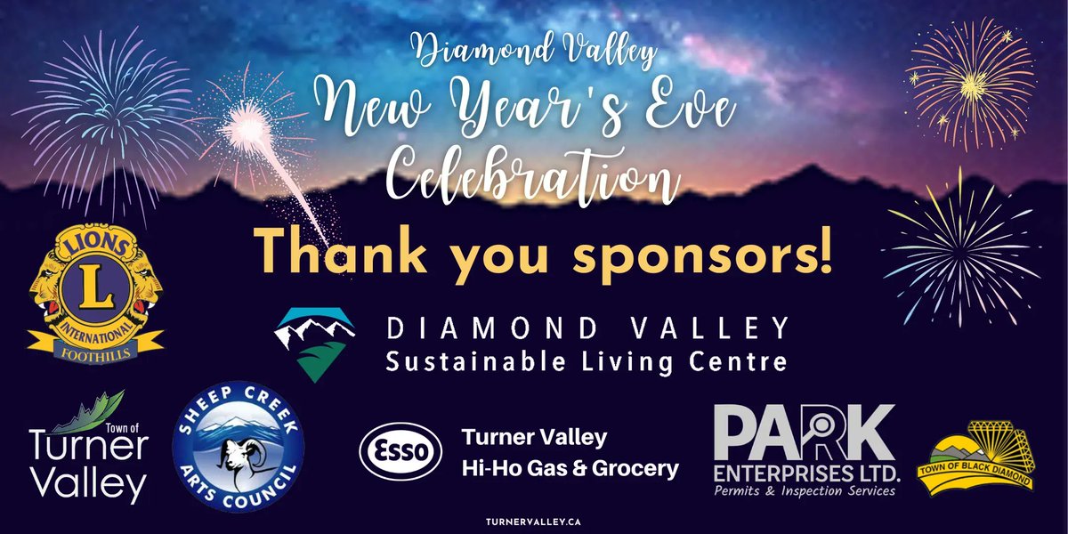 TurnerValleyAB's tweet photo. Huge THANKS to the sponsors of this year's NYE Celebration, we couldn't do it without you!

Park Enterprises
Diamond Valley Sustainable Living Centre
Foothills Lion's Club
The Hi Ho Gas &amp; Grocery
Sheep Creek Arts Council
Country Food Mart
Chocolate by Cotton
Eau Claire Distillery https://t.co/jlIZO5SJrc