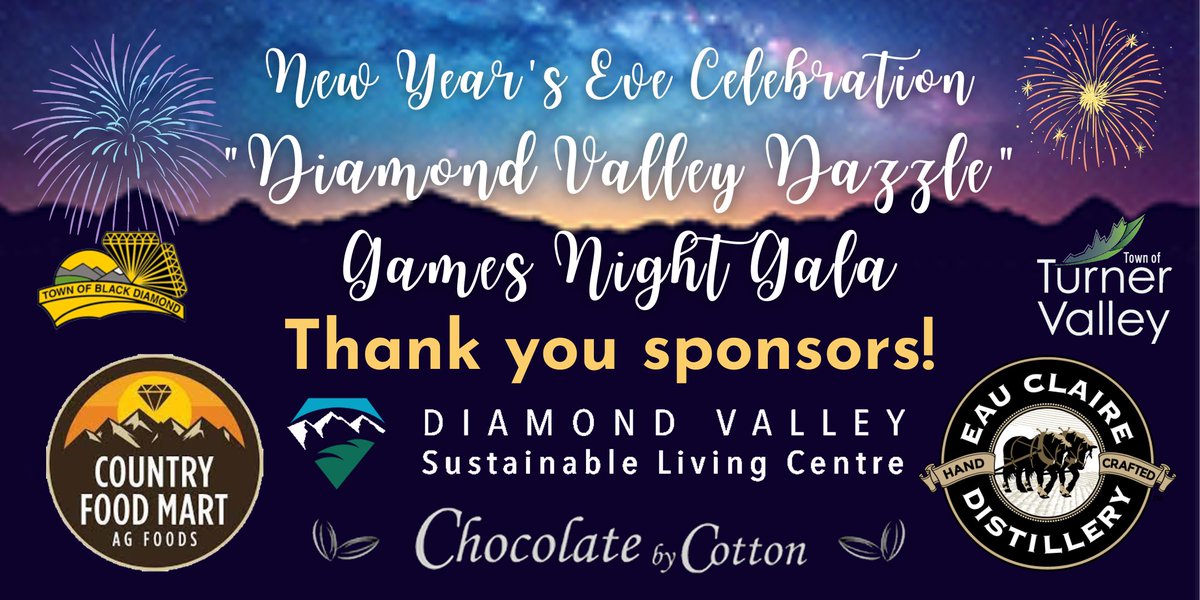 TurnerValleyAB's tweet photo. Huge THANKS to the sponsors of this year's NYE Celebration, we couldn't do it without you!

Park Enterprises
Diamond Valley Sustainable Living Centre
Foothills Lion's Club
The Hi Ho Gas &amp; Grocery
Sheep Creek Arts Council
Country Food Mart
Chocolate by Cotton
Eau Claire Distillery https://t.co/jlIZO5SJrc