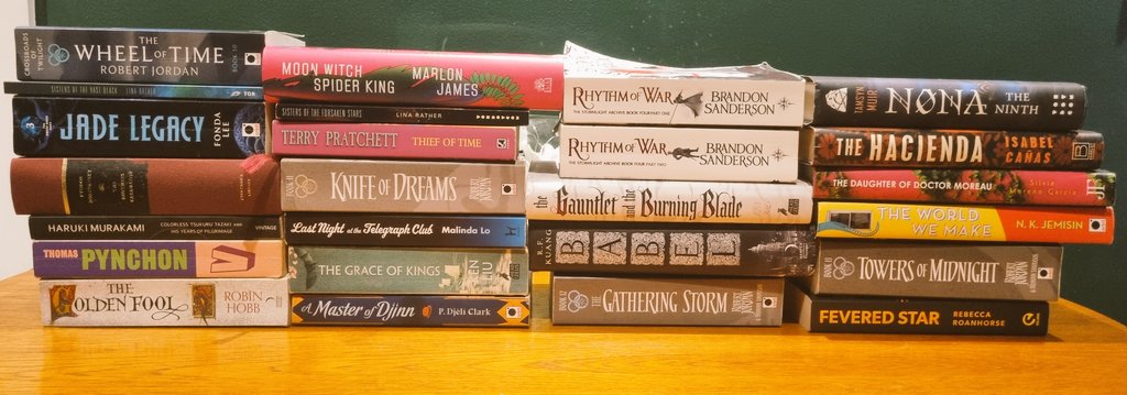 spacecowboyface's tweet photo. This was my reading stack this year! Plus quite a few ebooks, including both Monk &amp; Robot books, Binti, and Red Scholar's Wake https://t.co/GW5IX2W3EU