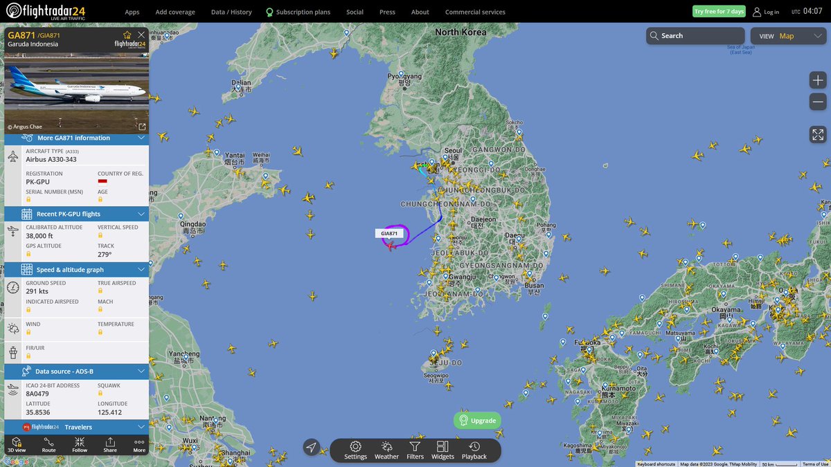 AIYeyENGDdJkjTr's tweet photo. Jan. 1, 2023
"Two abnormal flight of civil aircraft"
#Seoul Incheon International Airport => Denpasar Ngurah Rai International Airport
#GA871 / #GIA817 #8A0479 Garuda Indonesia Airbus A330-343
#Seoul Incheon #Kuala Lumpur
#MH67 #750257 Malaysia Airlines Airbus A330-323 https://t.co/KYuWt7UVG8