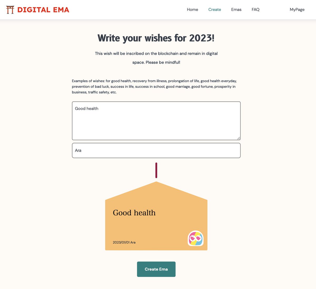 Happy New Year! ✨🎍✨

I have created a website where you can make digital ema  (wooden wishing plaques in Japan) as NFT on Flow 
<a href="/flow_blockchain/">Flow.com</a>
  🌊
digital-ema.vercel.app/en

Please try it! ✨