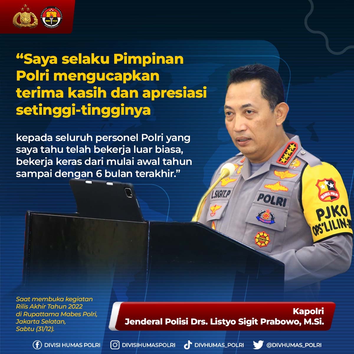 Langkah Perubahan Melayani #Optimis2023 Polri Lebih Baik
Kami dari Kompolnas selaku pengawas eksternal Polri sering turun ke lapangan, jadi apa yang disampaikan Bapak Kapolri bukan hanya di atas kertas, karena kami saksinya. Kami banyak menemukan inovasi dari anggota di lapangan.