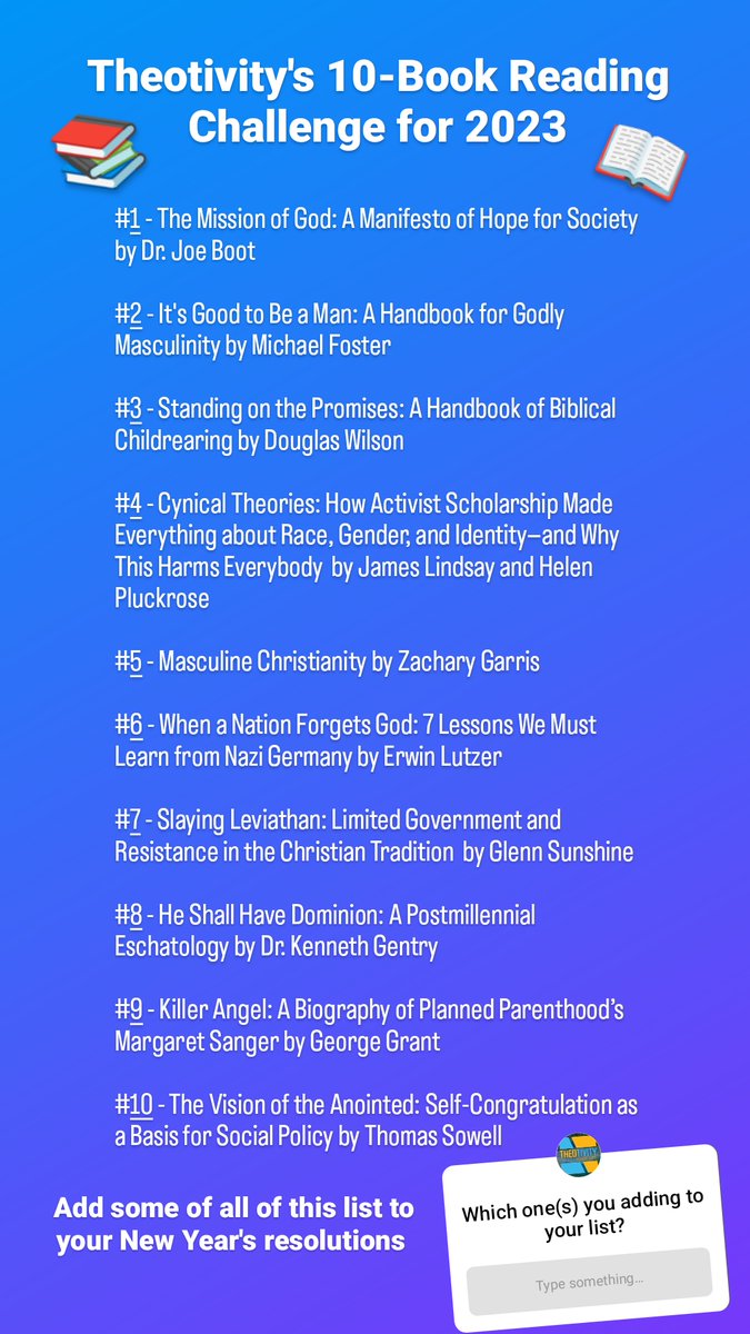 theotivity's tweet image. As we enter 2023 and everyone is making resolutions, here are my top 10 book suggestions to add to your reading goals for the New Year! Each one is sure to challenge you and spark good conversations to grow in your faith.

#NewYearsResolution #ReadingGoals #ToReadList